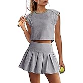 Yanekop Womens Tennis Skirt Set Two Piece Workout Sets Pleated Skort Sets 2 Piece Outfits Golf Athletic Outfits