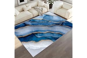 Navy Blue Marble Rug 3x5 Modern Abstract Marble Area Rugs, Luxury Crackle Rug Contemporary Minimalist Area Rugs Washable Non-