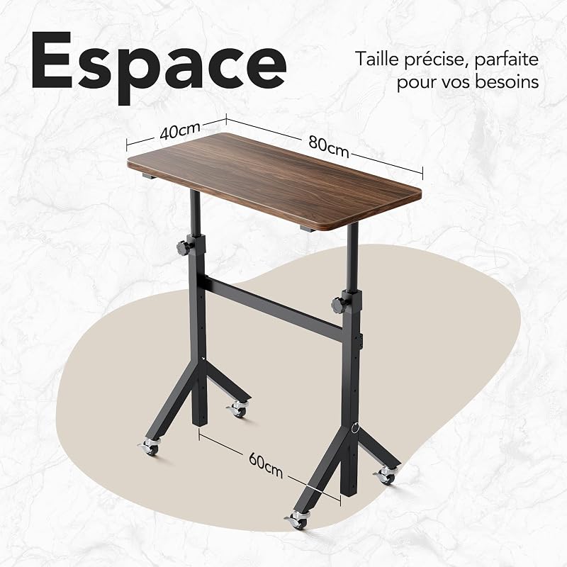 Bureau Debout réglable en Hauteur, 6 hauteurs jusqu'à 118 cm, 80 x 40 cm, Petit Bureau Mobile avec Pieds triangulaires, mobilité Fluide avec roulettes verrouillables, Table pour Ordinateur