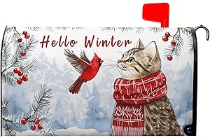 VentuCoven Hello Winter Cat Mailbox Cover Cardinal Bird Mailbox Covers Magnetic Snow Snowflake Post Letter Box Cover Standard Size 21x18 inch for Garden Outdoor Yard Decor
