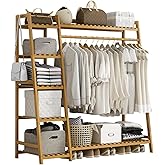 Baveke Bamboo Clothing Garment Rack 7 Tier Storage Shelf Coat Clothes Hanging Rack, Portable Wardrobe Closet Organizer With Top Shelf, Shoe Storage Shelves for Bedroom (Natural - 51.18 in)