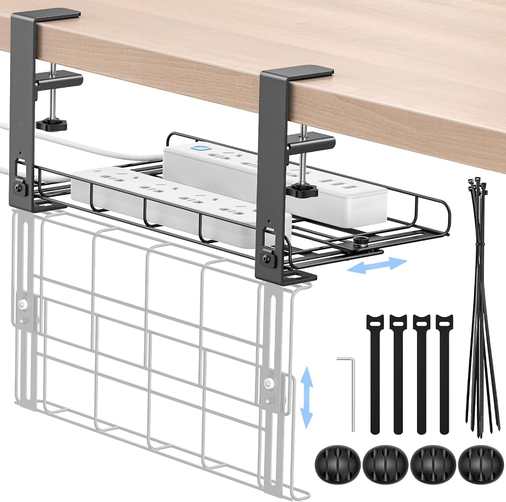 KDD Desk Cable Management Tray Clamp Mount Adjustable 5.3"-8.07" Width No Drill