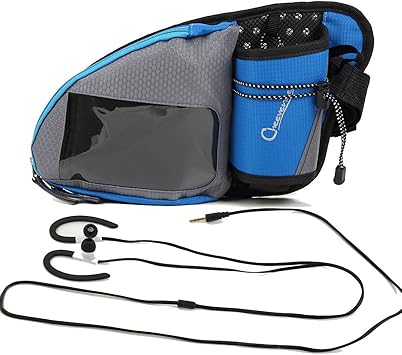 Amazon Cheevence チーヴァンス イヤホン付きセット 固定フック付きボトルホルダー搭載ウエストポーチ ランニングポーチ 大型スマホ Iphone6plus 操作対応 撥水加工 イヤホンコード専用ホール キーポケット 収納バンド付き 青 チーヴァンス ランニングポーチ