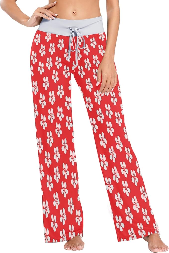 Womens Pajama Bottoms, Red Hawaiian Flowers Drawstring Long Pajama