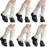 Cuffbow 6 Pairs Lolita Leg Warmers Knit White Cutecore Kawaii Leg Warmers with Bow and Lace Cute Japanese Knee High Socks Y2k Lolita Accessories for Women