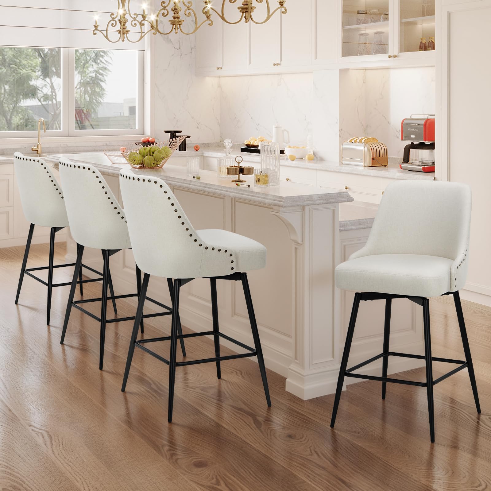 Photo 1 of 2 not 4*** COLAMY Bar Stools Set of  2 , 26.18" Counter Height Swivel Stools with Thick Padded Seat, Adjustable Footrest & 360° Rotation, Soft Fabric Upholstery for Kitchen Island/Home Bar/Cafe, Beige