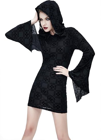 Amazon ゴシッククロスと幾何学模様生地のフレアカフスワンピース ブラック ゴシックパンク レディースmサイズ Skt062m ワンピース チュニック 通販