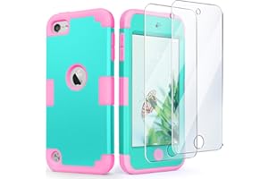 IDweel for iPod Touch Case with 2 Screen Protectors, 3 in 1 Hard PC Case + Silicone Shockproof for Kids Heavy Duty Hard Case Cover for iPod Touch 7th/6th/5th Generation,Mint+Pink