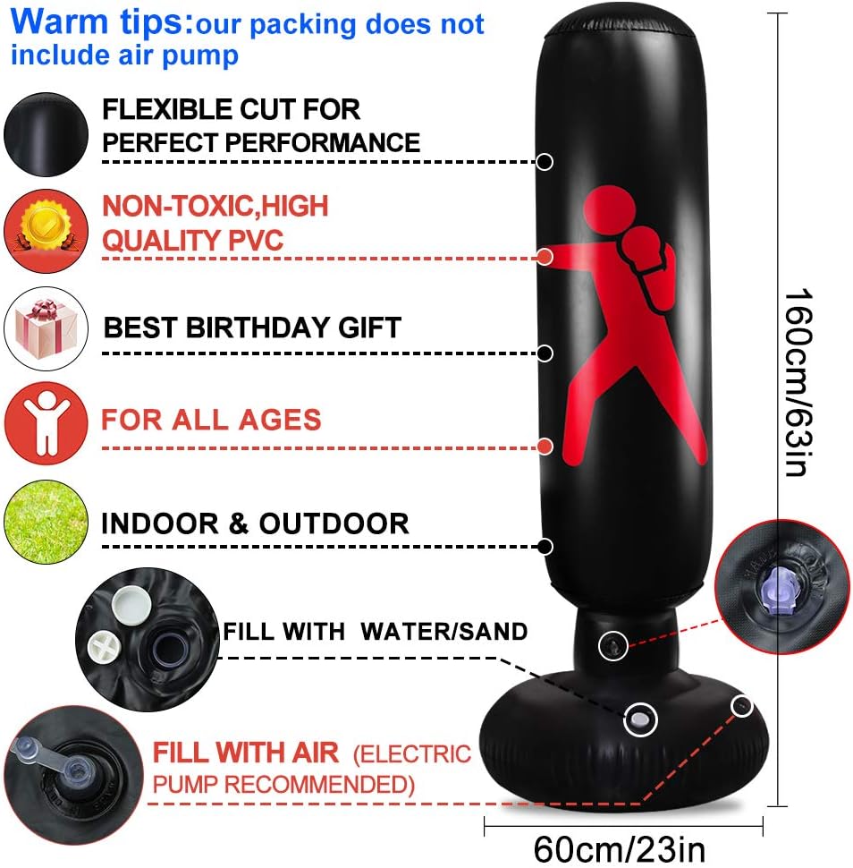 QIQU Kids Punching Bag-63inch Free Standing Punching Bag Humanoid Pattern Inflatable Boxing Toy Big Punching Bag for Kids (Black) : Sports & Outdoors