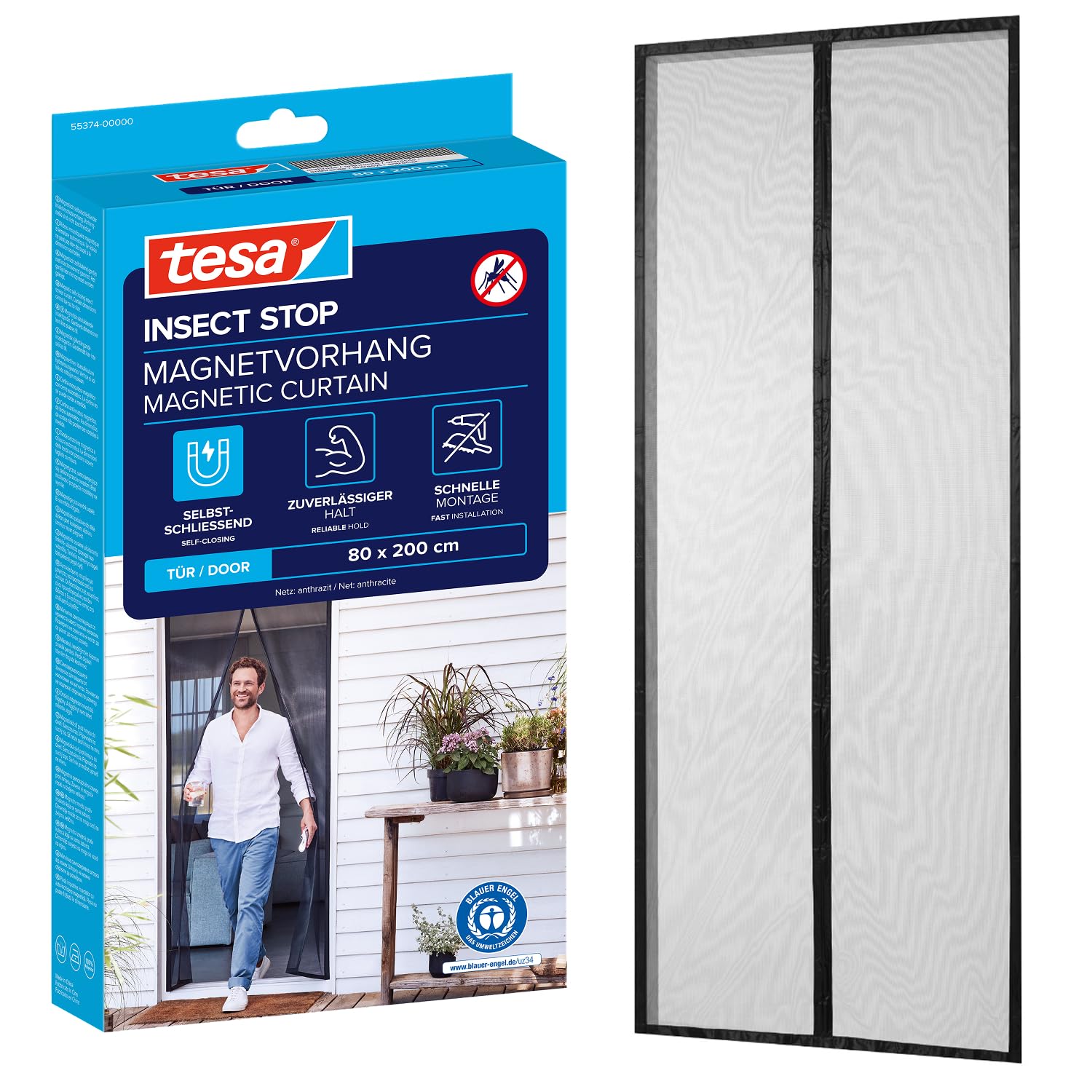 tesa Insect Stop Magnetic Curtain - self-Closing - Insect Screen Curtain with Magnets for Balcony and Patio Doors - for Easy Installation Without Drilling - 2.0 m x 0.8 m