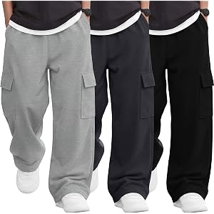 Joiceful 3 Pack Boys' Wide Leg Sweatpants | 4 Pockets, Elastic Waist, Baggy, Cargo Pants, Casual, School, Athletic, Daily Tro