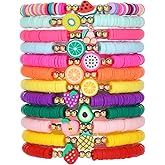 Caiyao Colorful Fruit Clay Stackable Bracelets Set Boho Surfer Heishi Clay Gold Beaded Stretch Bracelet Trendy Friendship Preppy Jewelry for Women Summer Beach Vacation Accessories Gifts