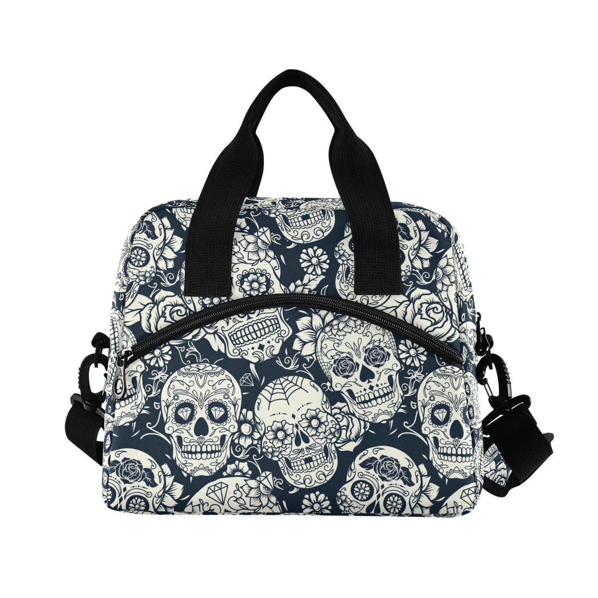 ALAZA Lunch Bags for Women Girls Boys, Skull and Flower Insulated Lunch Box with Shoulder Straps and Handle, Crossbody Tote Lunch Bag for School Office