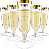 JOLLY CHEF 50 Pack Champagne Flutes Plastic Disposable 5 oz Gold Rim Plastic Champagne Flutes Glasses for Wedding, Thanksgiving Day, Christmas