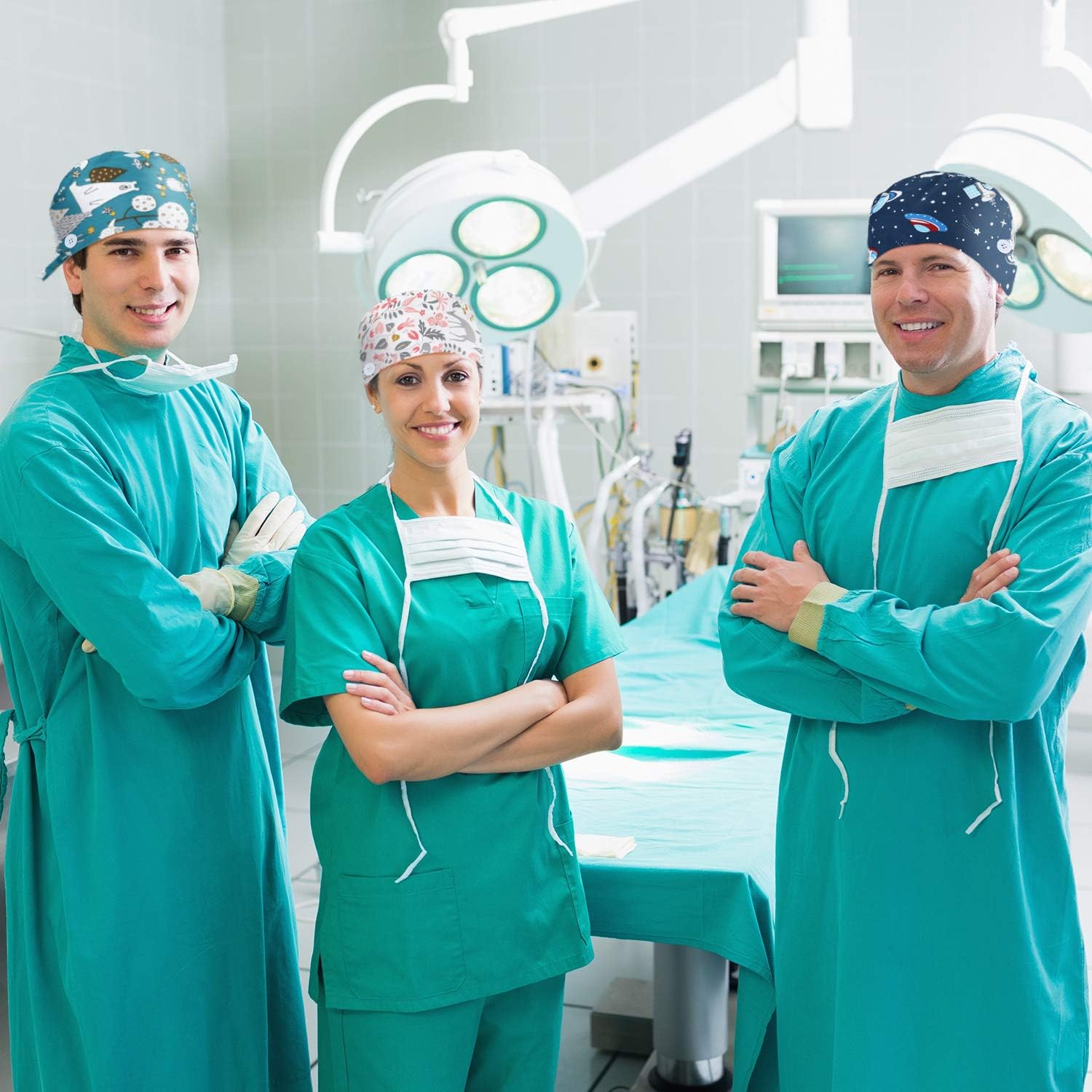 SATINIOR 6 Pieces Working Cap with Sweatband Bouffant Turban Hat with Buttons Tie Back Caps Colorful Printed Adjustable Cap for Men Women Favors: Clothing