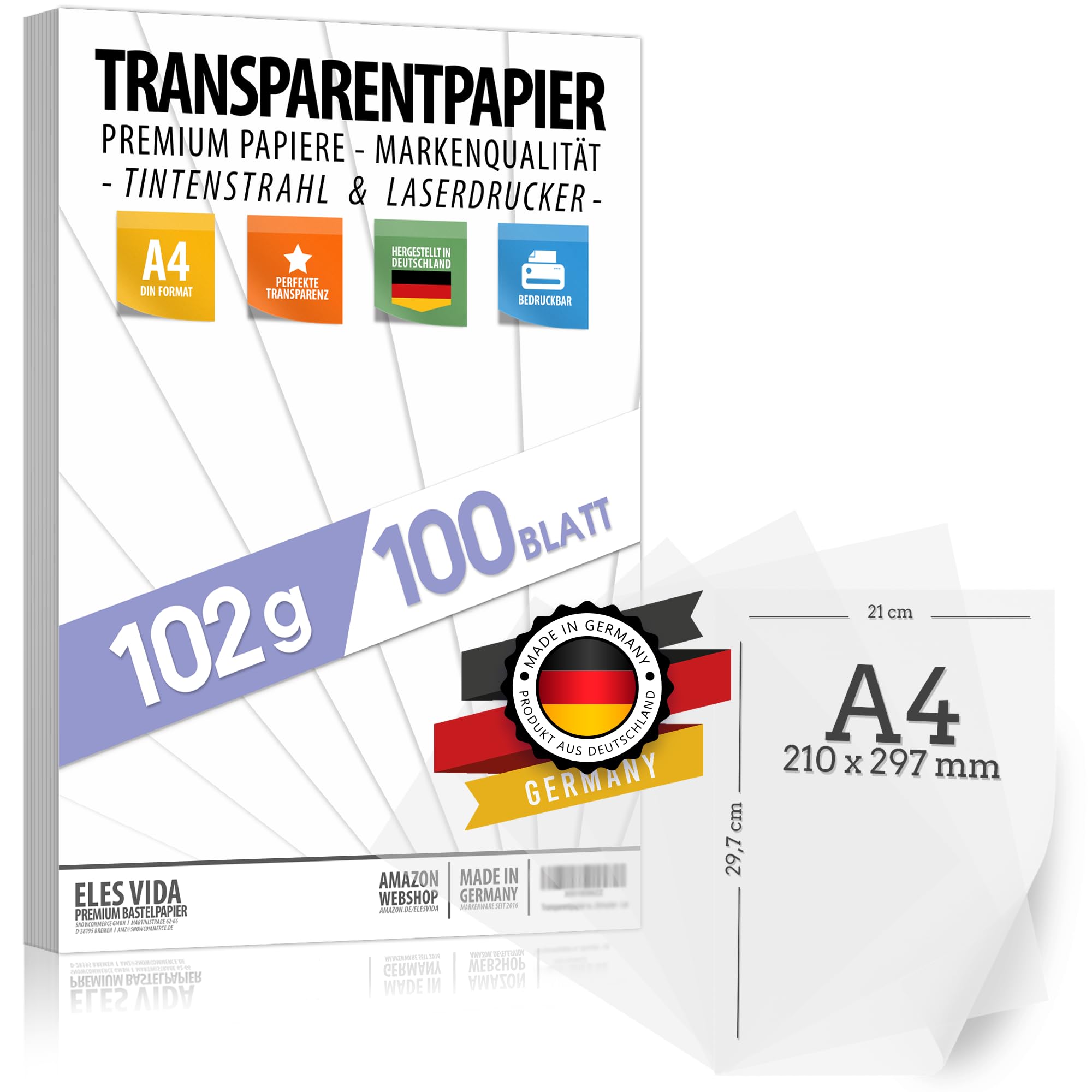 ELES VIDA Tracing Paper 100 sheets, A4, 102g/m², Printable, Transparent, for Crafts, Drawing, Sketching, Making Lanterns, Place Cards