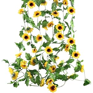 HO2NLE 4Pcs 32 Feet Artificial Sunflowers Hanging Vine Silk Fake Flowers Garlands Home Office Garden Outdoor Wall Greenery Cover Jungle Party Decoration