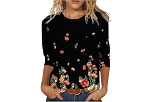 AMOBER Womens Tops 3/4 Sleeve Crewneck Cute Shirts Casual Print Trendy Tops Three Guarter Length T Shirt Summer Pullover