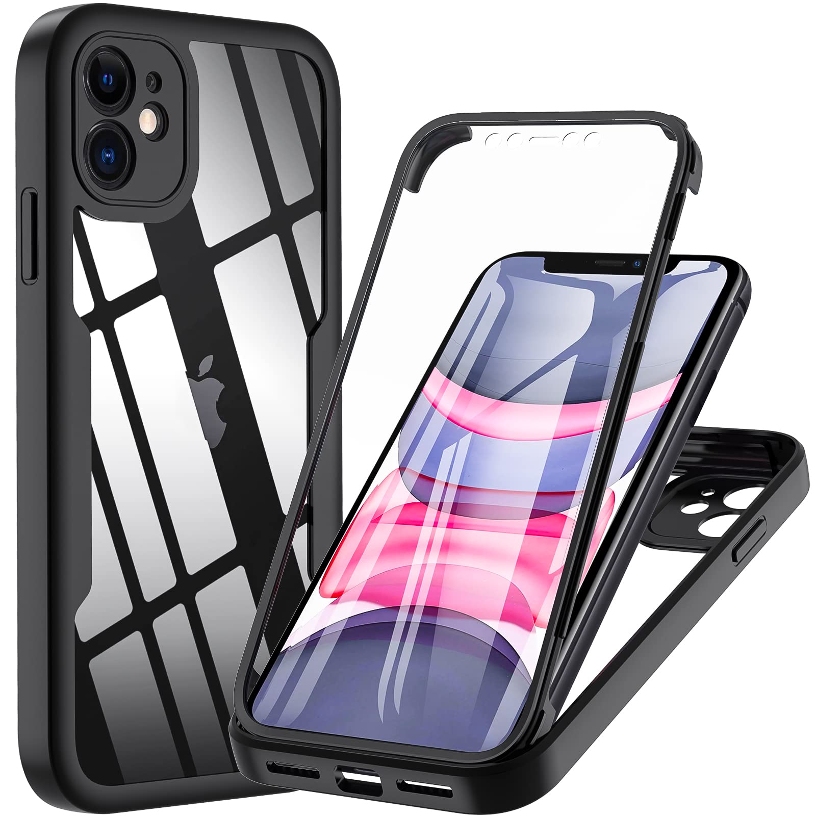 OWKEY for iPhone 11 Case 6.1 inch, 360 Degree Full Body Protective iPhone 11 Cases with Built-in Screen Protector Heavy Duty Protection Shockproof Cover for Women Girls (Black)