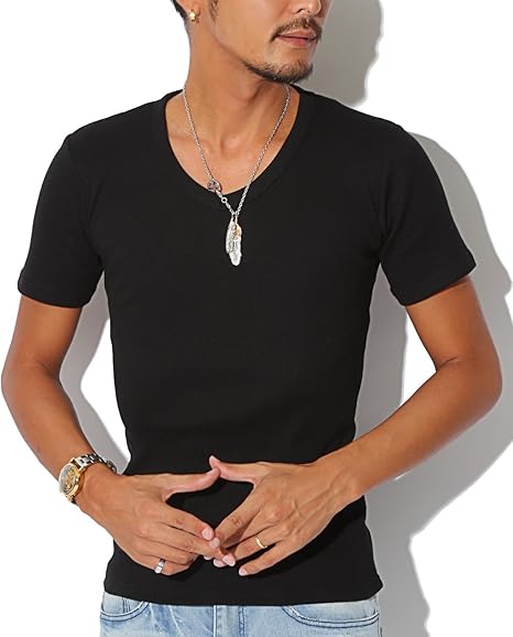 Amazon Bitter Tシャツ メンズ テレコ Vネック テレコリブ無地vネック半袖tシャツ ブラックxl Tシャツ カットソー 通販