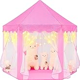 CUBNBUD Princess Tent for Girls Age 4-7 with Star Lights, Kids Play Tent for Girls Indoor, Castle Playhouse Tent for Toddlers, Pink Princess Toy Tent 55x53 inch