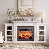 Naice 72" Electric Fireplace w/Mantel and Cabinet Fireplace TV Stand,White | Reallike Stacked Stone Surround, Media Entertainment Center with 23in Realistic Brick Flame Fireplace Heater for Living Room