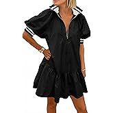 Wenrine Women Short Puff Sleeve Dress Half Zip V Neck Collar Summer Casual Color Block Sweatshirt Babydoll Dresses