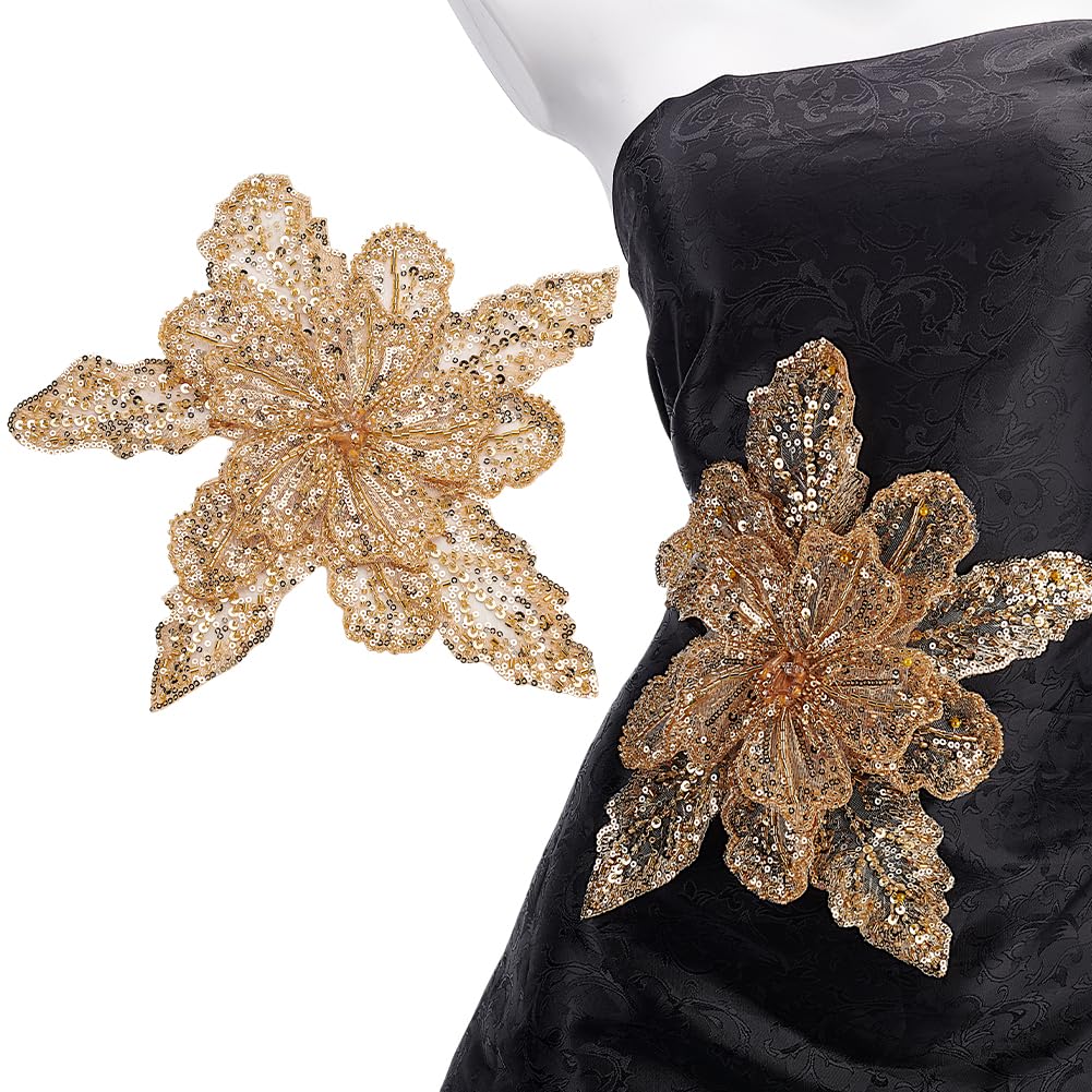 MAYJOYDIY Gloden 3D Sequin Flower Applique Sparkly Sew on Sequins Lace Patch with Brooch Pin Double-Layer Lace Applique Floral Pattern Patch for Wedding Garment Dresses Decoration DIY Sewing Fabric