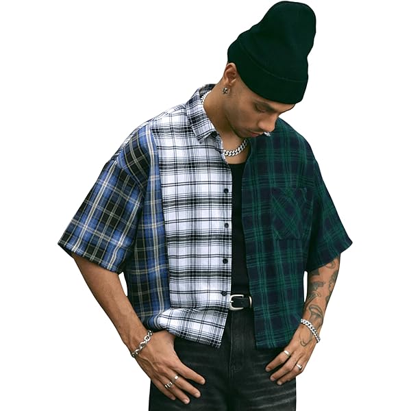 Amazon.com: GORGLITTER Men's Gingham Cropped Shirt Button Up
