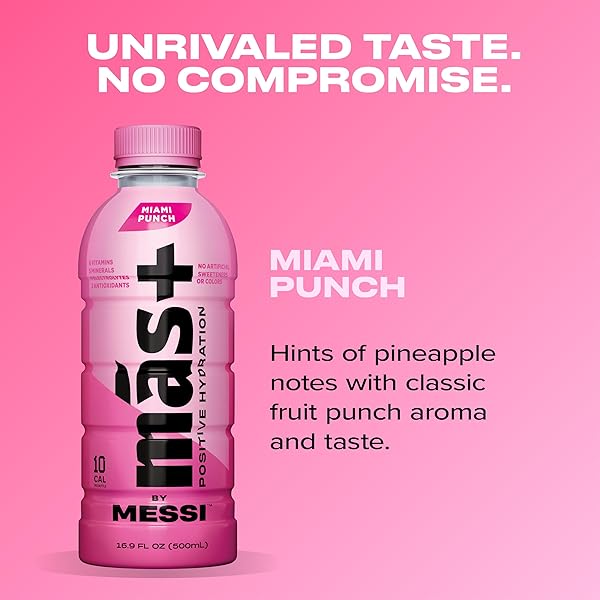 MÁS+ BY MESSI 16.9OZ MIAMI PUNCH, SPORTS DRINK & HYDRATION BEVERAGE, NATURAL FLAVORS WITH VITAMINS AND ELECTROLYTES, NO ARTIFICIAL SWEETENERS OR COLORS, 12-PACK