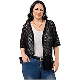 OYOANGLE Women's Plus Size Floral Lace Open Front Crochet Cardigans Short Sleeve Lightweight Loose Jackets