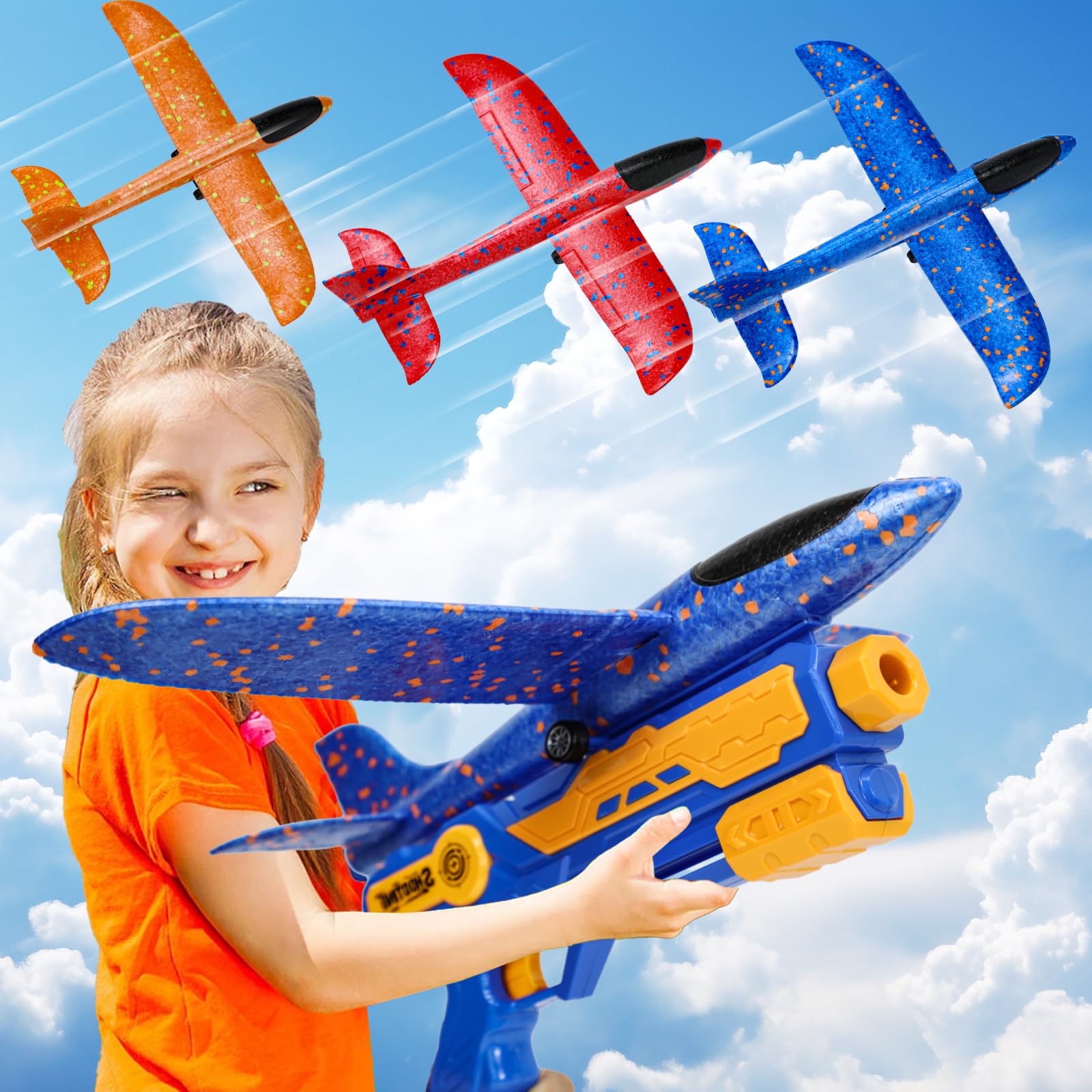 IOUGDSEC 3 Pack Airplane Launcher Toys, Throwing Glider Plane Toy with Gun, Foam Flying Toy Catapult Aeroplane Outdoor Sports Shooting Game, Birthday Gift For 3-12 Years Old Kids Boys Girls