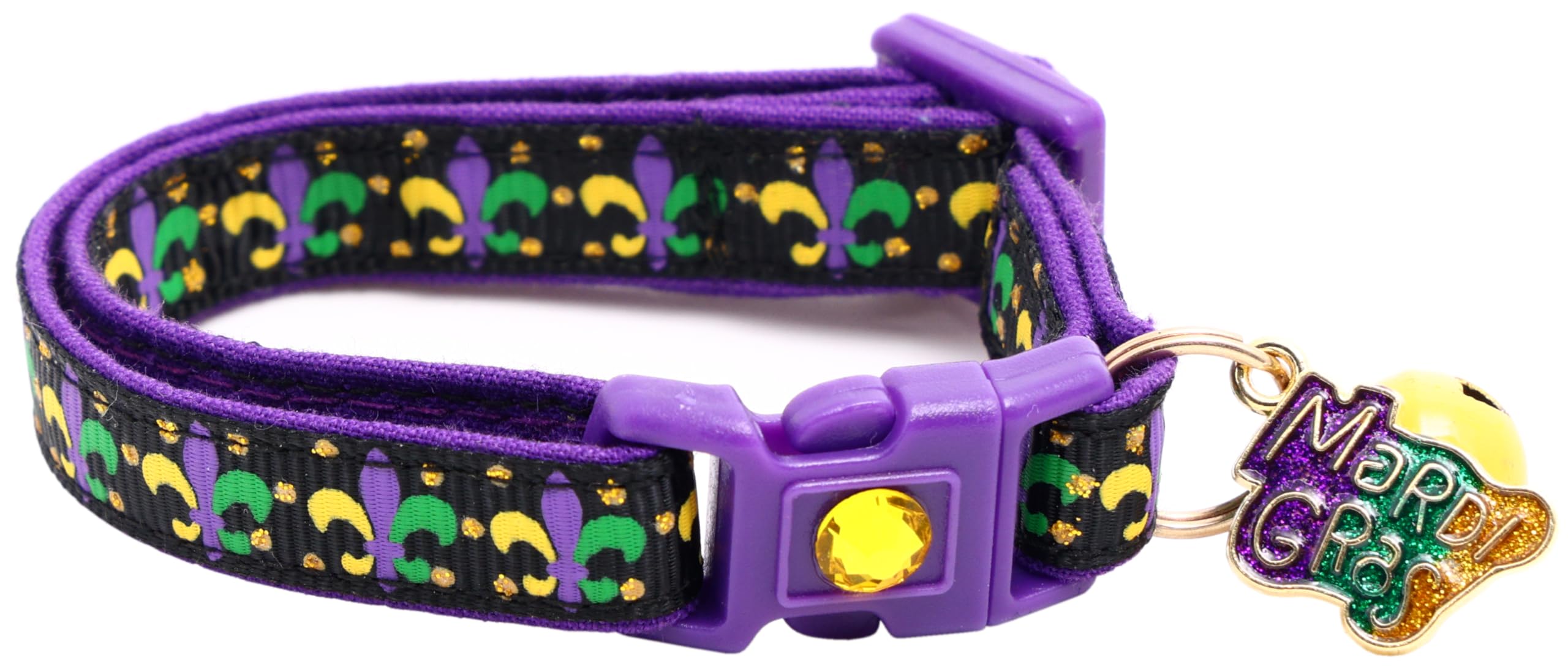 Photo 1 of Mardi Gras Cat Collar with Bell | Safety Breakaway | Adjustable Large Size or Kitten Collar (Fleur De LYS on Black, Small(10lbs & Less))