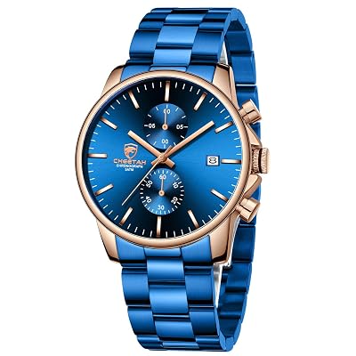 GOLDEN HOUR Men's Watches with Blue-Plated Stainless Steel and Metal Casual Waterproof Chronograph Quartz Watch, Auto Date in Rose Gold Hands