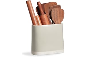 ONEMORE Ceramic Utensil Crock, Large Kitchen Utensil Holder for Countertop, Farmhouse Cooking Utensil Organizer with Cork Mat for Kitchen Counter, Oval Utensil Storage Caddy for Spatula, Grey