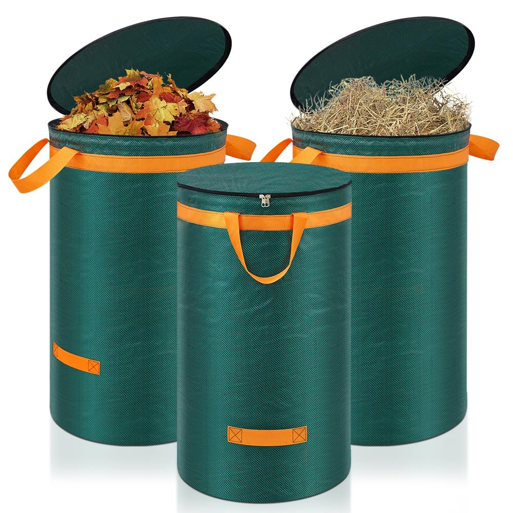 Eurhomewit 3 Pcs Green Garden Waste Bags 120L, Heavy Duty with Handles and Lid, Reusable for Garden Waste, Grass and Leaves