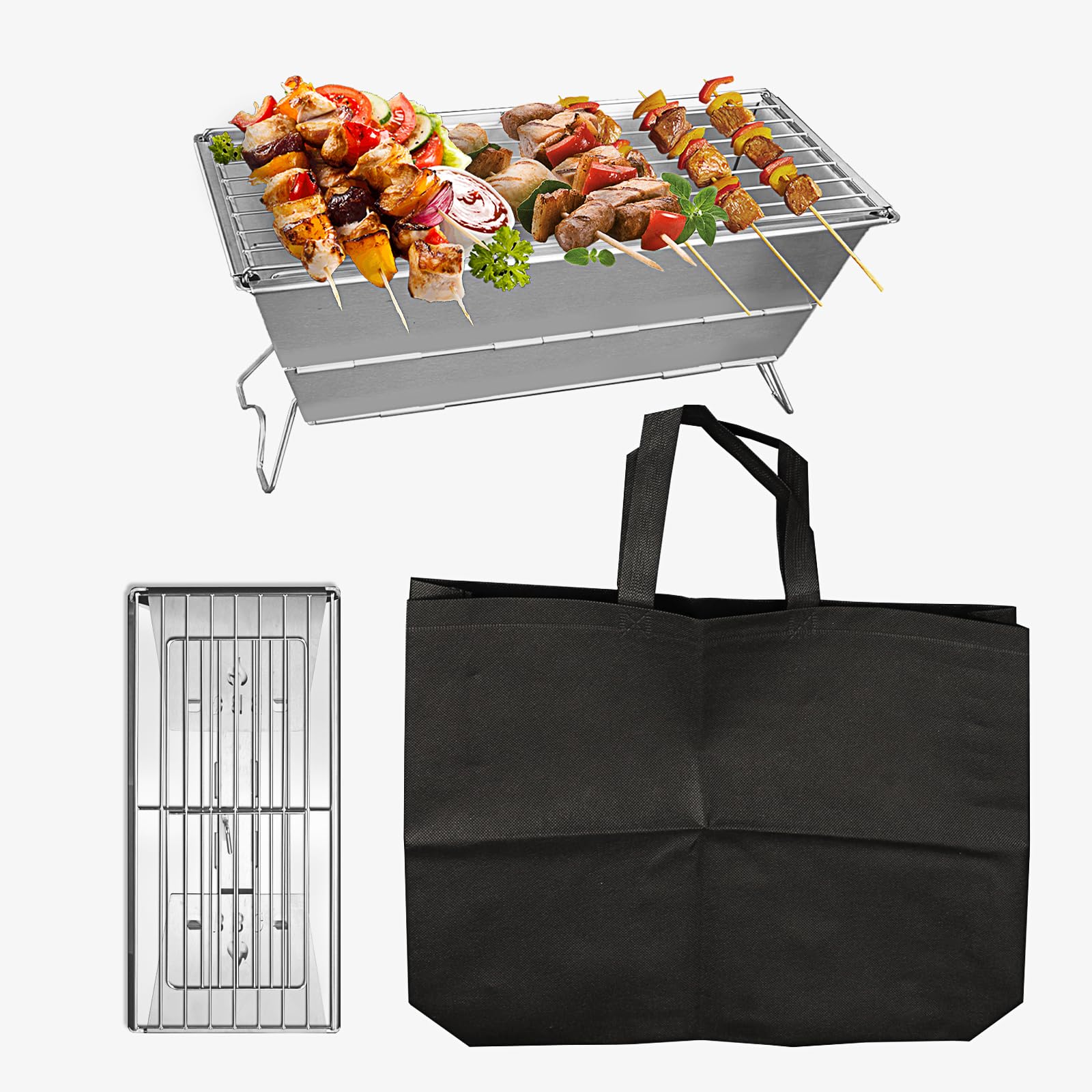 Portable Barbecue Grill, Stainless Steel Folding Charcoal Grill, Detachable Outdoor System with Storage Bag for BBQ, Picnic, Camping