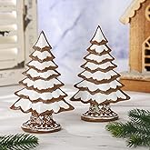 Geelin 2 Set Christmas Gingerbread Gift Resin Gingerbread Tree Figurines Christmas Table Decorations for Tabletop Centerpiece Home Mantel Collectible Gifts, 7.09" x 3.94" x 2.36"(Snow Frosting)
