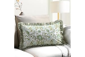 CPC COTTON PRINT CLUB CPC Agate Green 100% Cotton Block Print Ruffle Sham Cover 12x20 inch, Handmade Boho Floral Pillowcase, Farmhouse Cottagecore Bedding, Soft Decorative Cushion Cover for Bedroom Décor