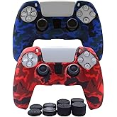 Hikfly Silicone Cover Compatible with PS5 Controller Skin Non-Slip Grips Compatible with PlayStation 5 Controller- 2 x Skin with 8 x Thumb Grip Caps(Blue,Red)