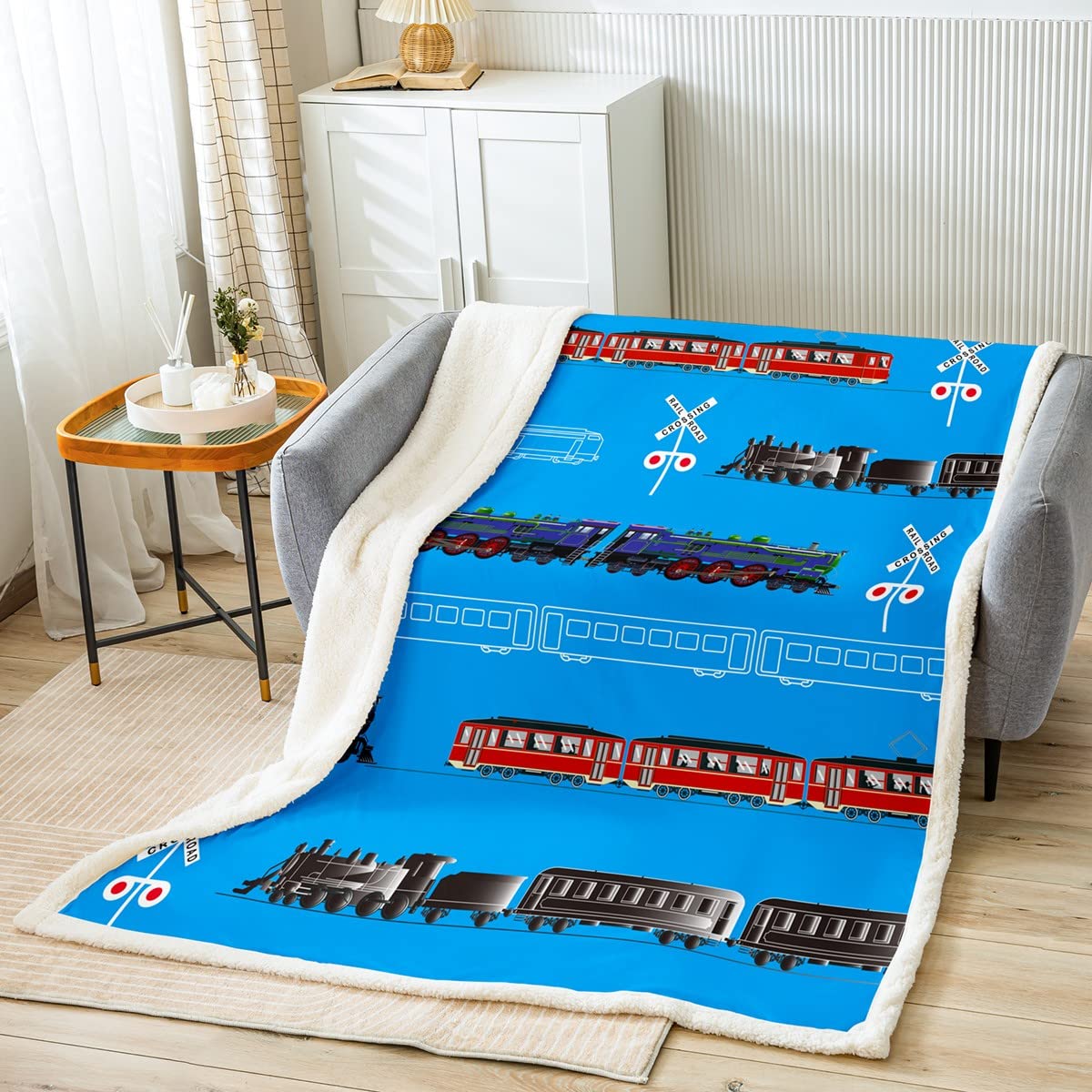 Loussiesd Train Kids Boys Sherpa Blanket Retro Steam Engine Toddler Fleece Throw Blanket for Teens Railway Track Transport Fuzzy Blanket for Sofa Bed Red Blue Black,Single 50x60 Inch
