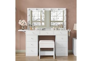 Yanosaku Vanity Desk & Power Outle, Makeup Vanity with Mirror and 12 LED Lights, 9 Drawers Makeup Table with Fold-up Panel, Vanity Set 3 Lighting Modes Brightness Adjustable (White)
