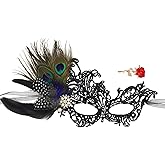 Hyperfun Experience Lace Masquerade Mask for Women Feather Venetian Mask with Brooch for Masquerade Ball Halloween Party