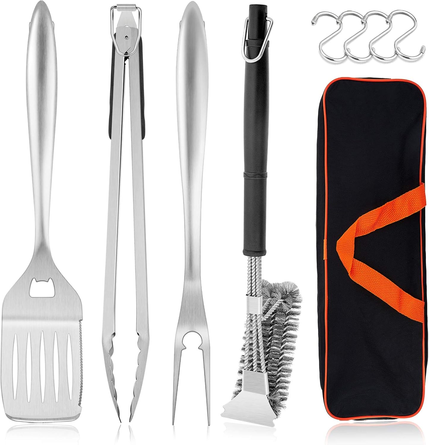 HaSteeL Grilling Utensil Set 18in, Stainless Steel BBQ Accessories Tools with Bag for Outdoor Cooking Camping, Heavy Duty Grill Spatula, Tong, Meat Fork, Basting Brush, Cleaning Brush, Man’s Gift : Garden & Outdoor