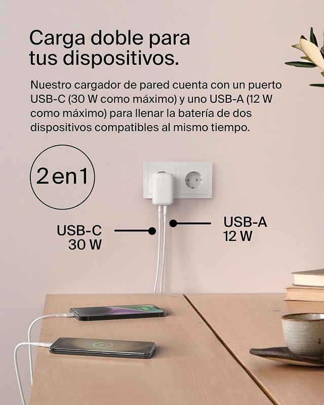 BoostCharge Cargador de Pared Doble 42W con Puerto USB-C y USB-A