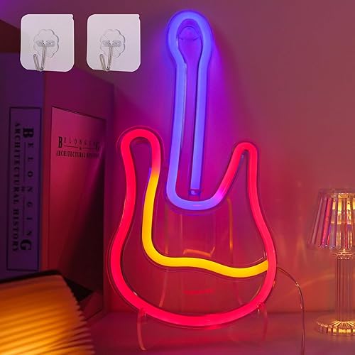 Guitar Neon Sign Music Note Neon Sign Neon Night Light Neon Lamp with 2 Hooks Battery or USB Powered Neon Light Music Neon Light Neon Art Light Rock Light Sign for Home Bedroom Christmas Party Decor