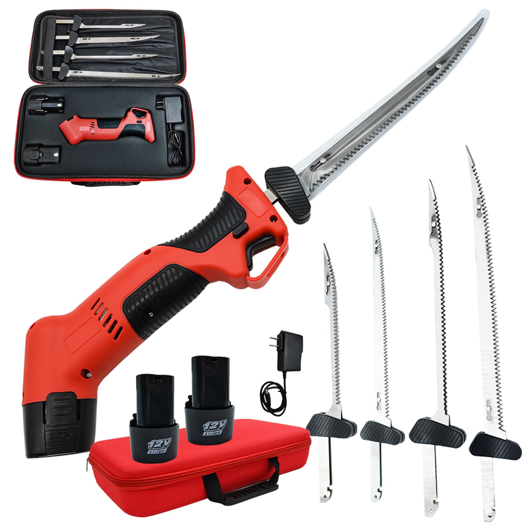 Photo 1 of Electric Fish Fillet Knife Cordless,Lithium Ion Cordless Fillet Knife with 4 Ti-Nitride S.S. Coated Stainless Steel Blades,2 Batteries and Charger,Non-Slip Handle,Safety Lock Function-3 Year Warranty