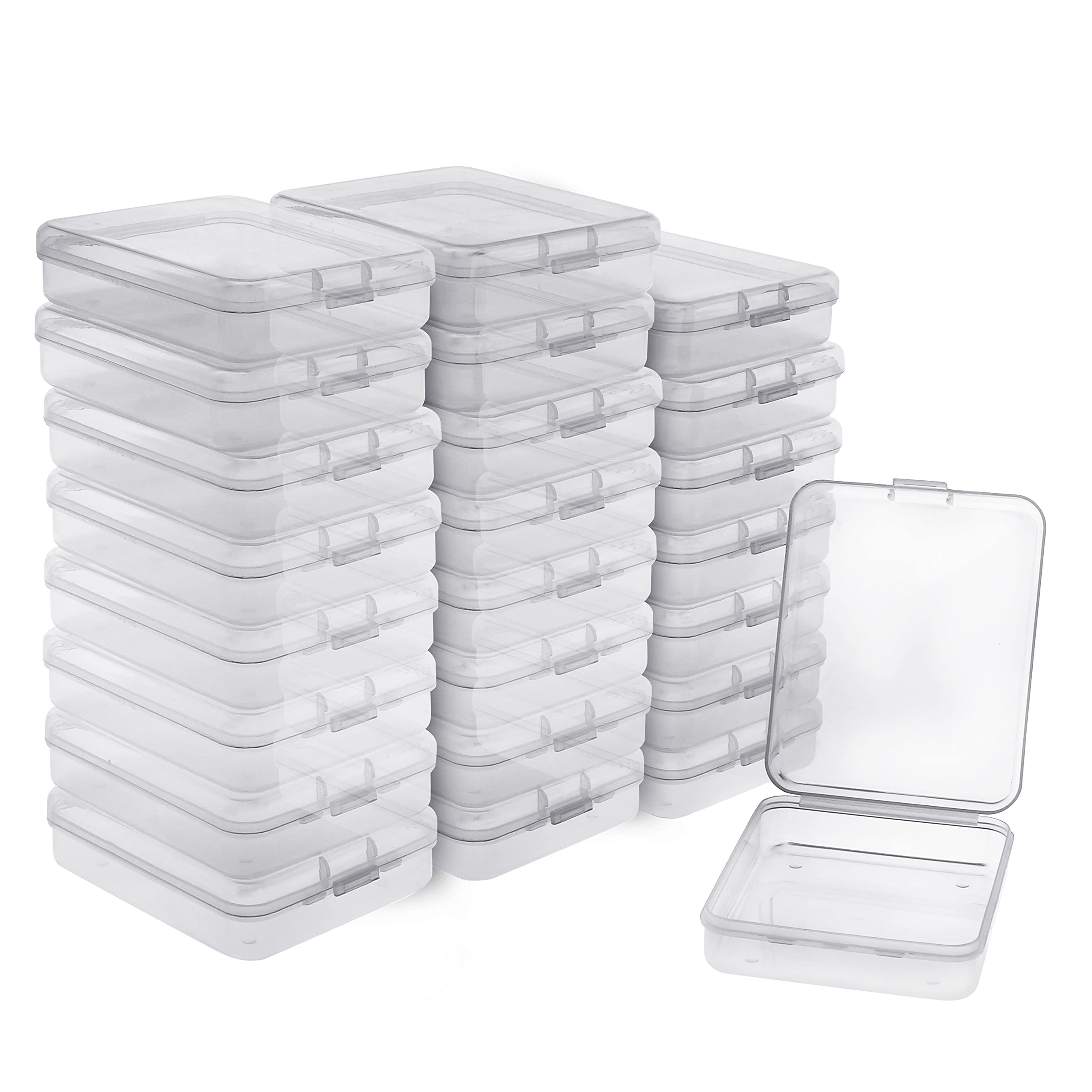 BELLE VOUS Small Clear Plastic Storage Box Containers with Hinged Lid (24 Pack) - L11.5 x W9.2 x H2.8cm / 4.53 x 3.62 x 1.1 Inches - Mini boxes for Pills, Beads, Jewellery & Craft Items