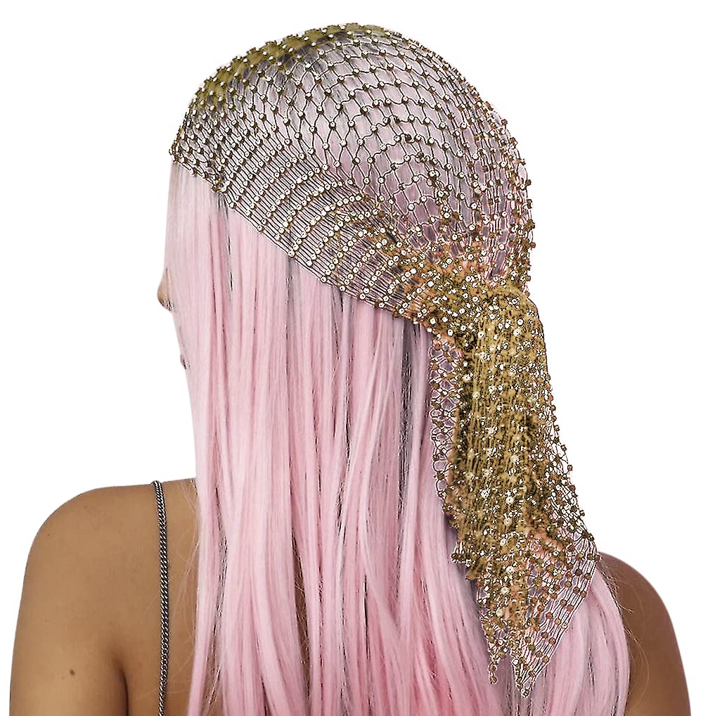 Crystal Mesh Headpiece with Rhinestone Skull Design, Eye-catching Bling Fishnet Headband Elastic Mesh Headdress Cap Turban Cap Hollow Punk Party Nightclub Hair Accessories for Women Girls (Gold)
