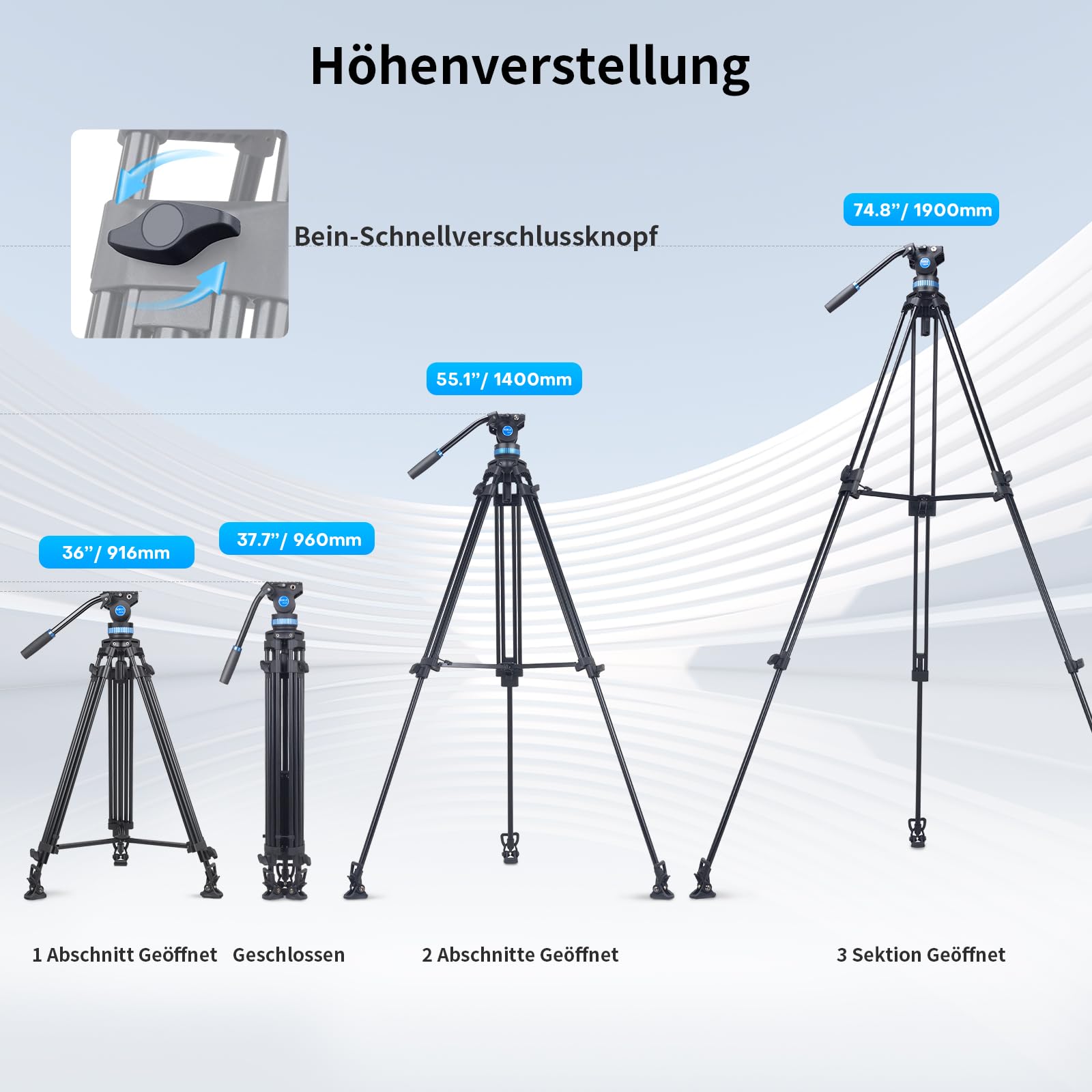 SIRUI Profi Videostativ mit Fluidkopf AM-25S, 190cm professionelles Aluminium Dreibein-Stative für Camcorder Kameras DSLR, Max Belastung 10KG 3